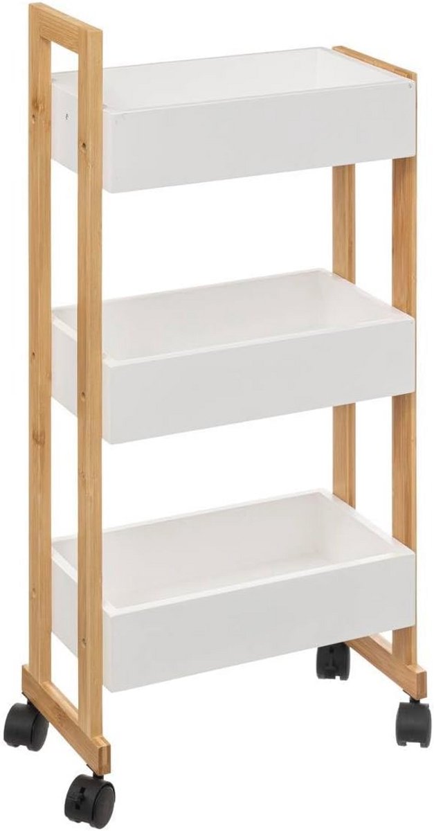 Witte Bamboo Sideboard op Wielen met 3 Niveaus