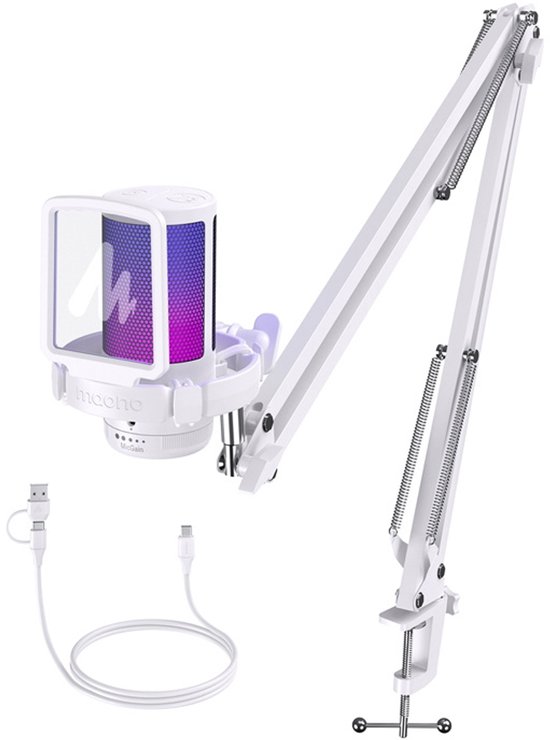 Witte microfoon met paars-roze rooster en een popfilter, aan een witte microfoonarm met klem.