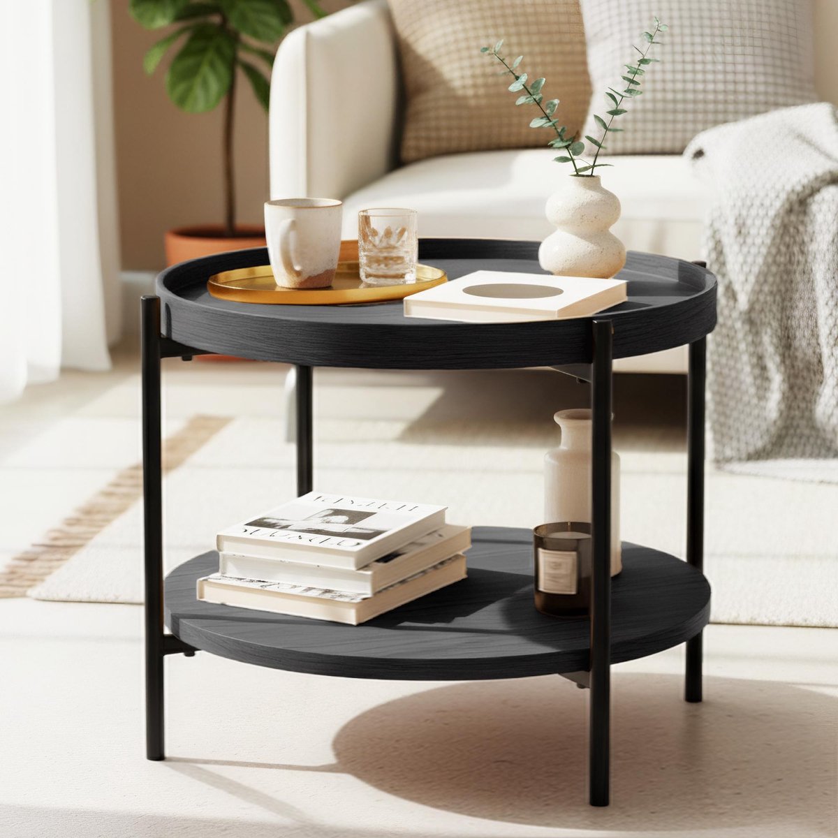 CLP Salontafel Corbitan - rond - met opbergruimte - hout - bijzettafel - zwart metalen frame - 50 cm grijs