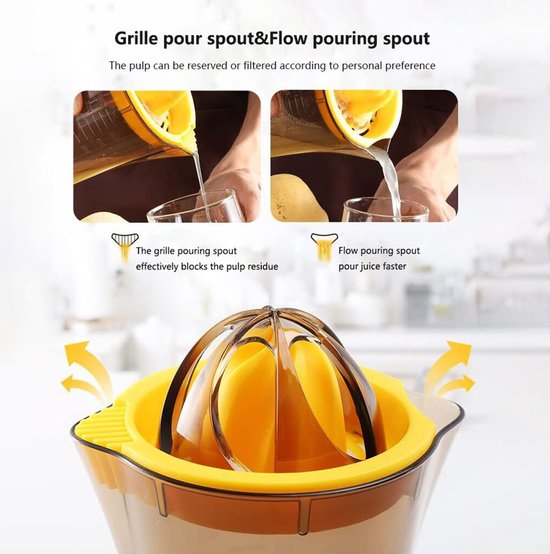 Citroenpers - Handmatige sapcentrifuge - Handmatige citruspers - Twee sapkoppen - Dubbele sapuitlaten - 600 ml - Snel en efficiënt persen - Antislipvoet - Geschikt voor het persen van citroenen en sinaasappels - Geel van Merkloos — afbeelding 5