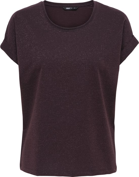 Paarse glitter top met korte, opgerolde mouwen.
