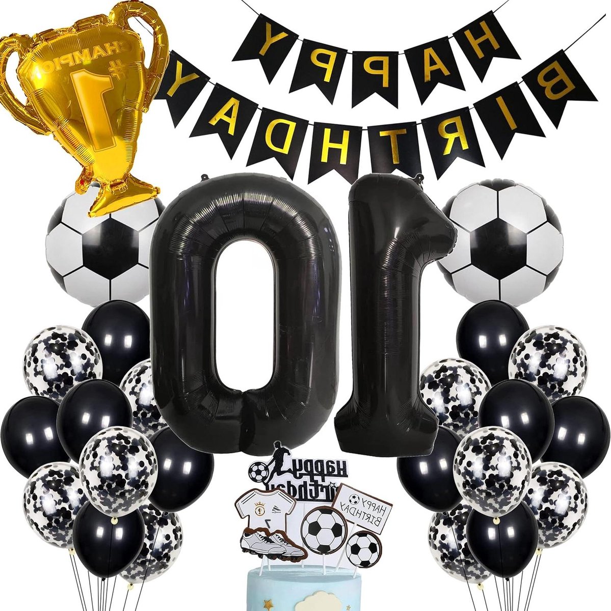 CSGoods - Zwarte Helium Ballon Taart Topper - Voetbal Thema - Jongen 10e Verjaardag Feestdecoratie