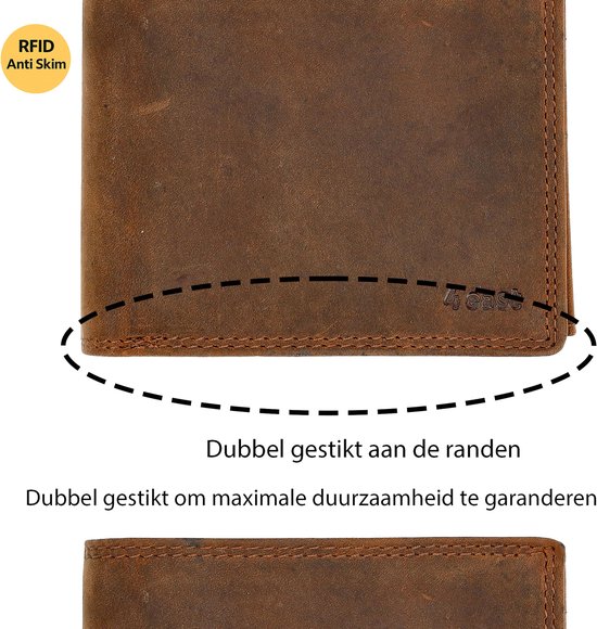 Sluiting van bruine leren portemonnee met dubbele stiksels en RFID Anti Skim logo.