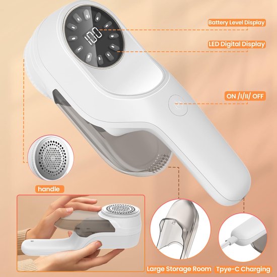 Oplaadbare Pluizenverwijderaar - Met LED Display en Opvangbak - Verwijdert Pluizen van Kleding - Wit