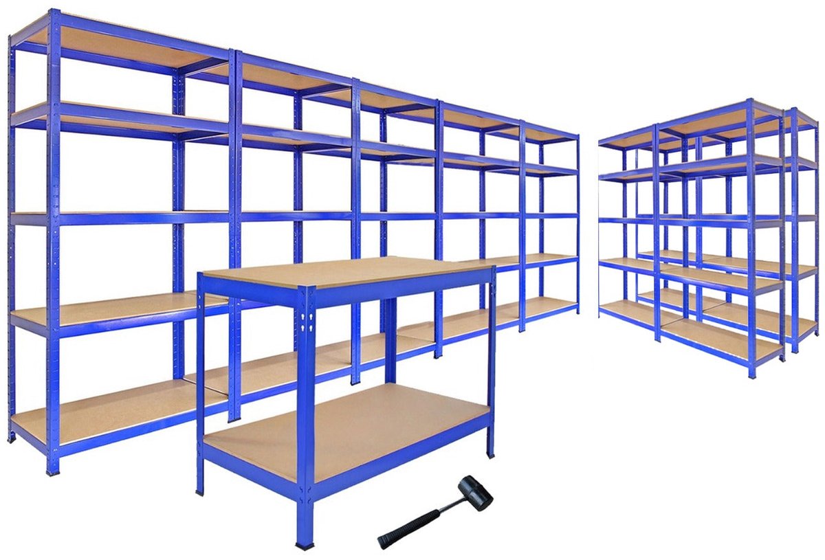 T-Rax set 7 rekken + werkbank 200kg/plank garage staal opslag zonder bouten