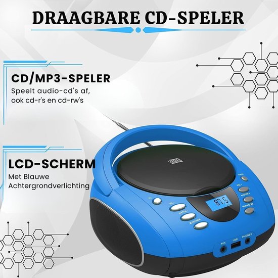 SNJY® CD Speler - Muziekspeler Bluetooth - Draagbare Radio CD Speler - Blauw — afbeelding 2