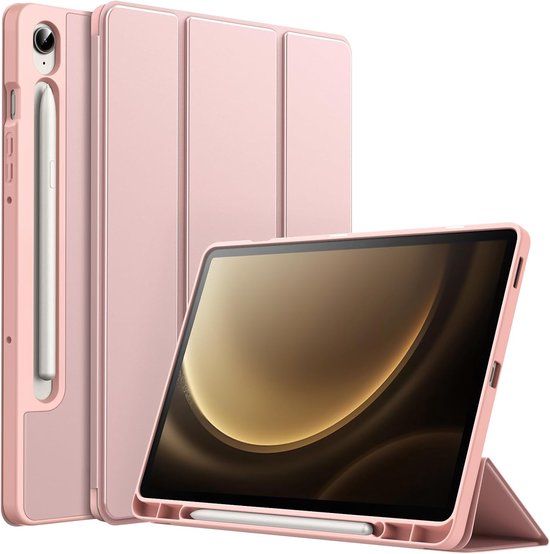 Étui de tablette rose avec support S Pen, en mode fermé et debout.
