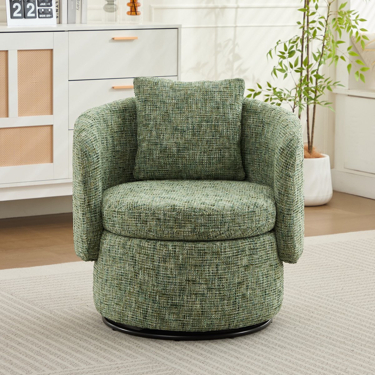 Draaistoel, 360° draaibare accentstoel met verborgen opbergruimte en vol rugkussen, moderne fauteuil voor woonkamer, slaapkamer, hoek, leeshoek (Groen)