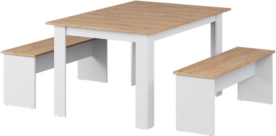 Table à manger avec deux bancs, avec plateau en chêne et pieds et assises blancs.