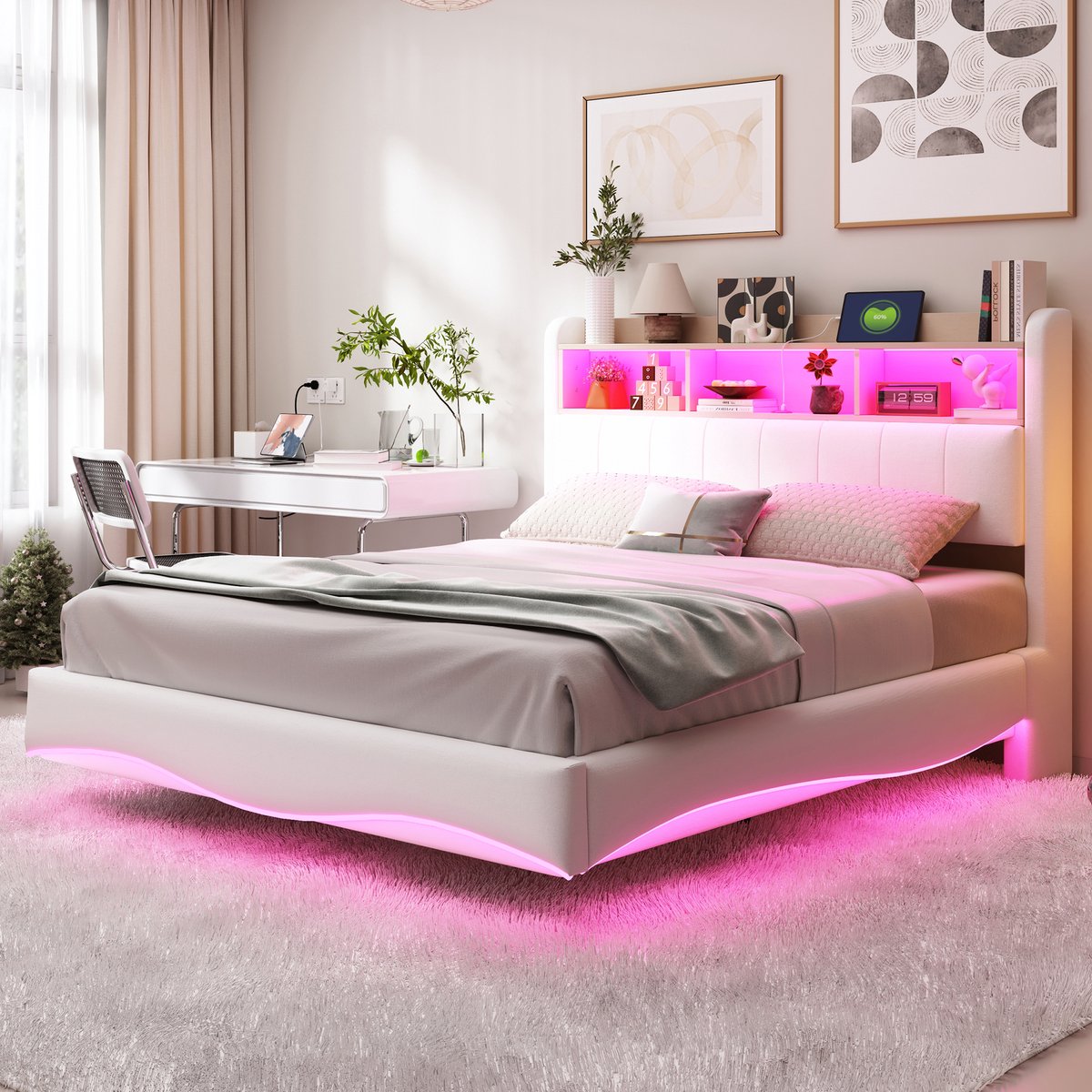 Polsterbed 140x200 cm - 12-lattenbodem - 250 kg capaciteit - Zwevend ontwerp - USB/Type-C aansluiting - Kleurveranderende LED-verlichting - Extra opbergruimte