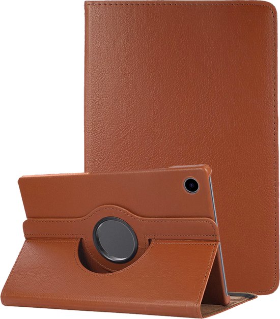 Étui pour tablette marron avec fonction de support et anneau rotatif à 360 degrés.