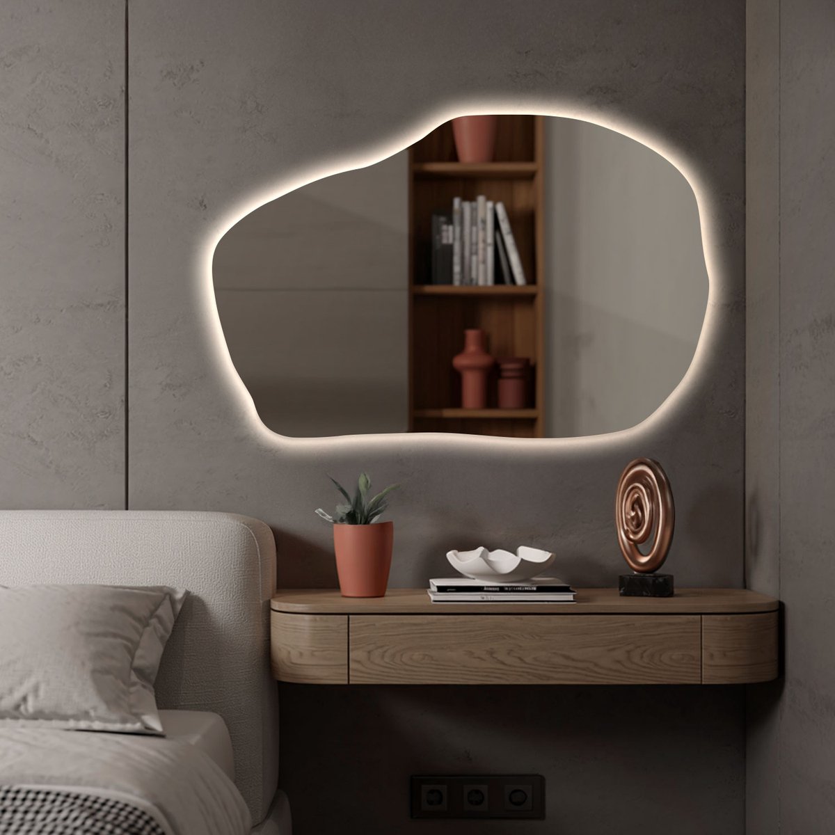 Coloray Spiegel LED - Decoratieve Organische Spiegel Gang - 90 cm x 58,5 cm - Organische Spiegel Met LED Verlichting - Grote Organische Badkamerspiegel LED - Neutraal Licht - Spiegel Organisch Met Licht - Decoratieve LED Spiegel