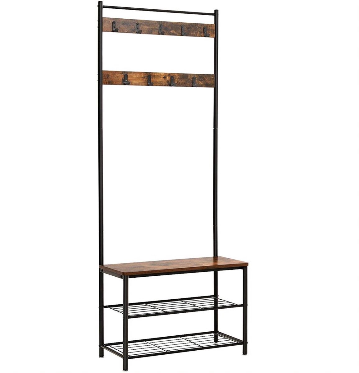 BEGRYF Industriële Kapstok met Schoenenrek - Halmeubel met Zitbank - 70x32x175 cm - Vintage Bruin & Zwart
