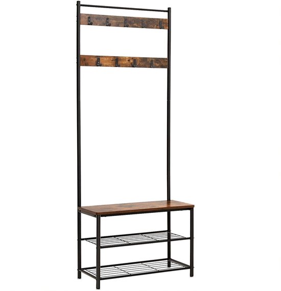 Een lege kapstok met houten planken en zwarte haken, met schoenenrek eronder.