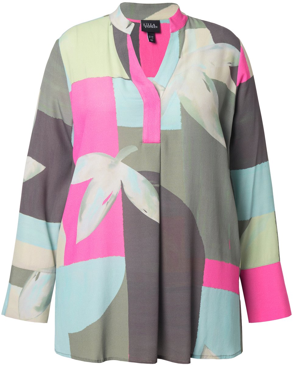 Ulla Popken - Dames - Blouse sierplooi A-lijn opstaande kraag lange mouw - Lichtkaki - Maat 50+