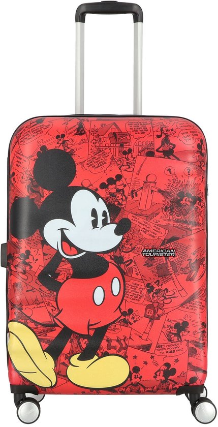 Rode koffer met Mickey Mouse stripboek print. Mickey staat met zijn hand in zijn zij. American Tourister logo op de koffer.