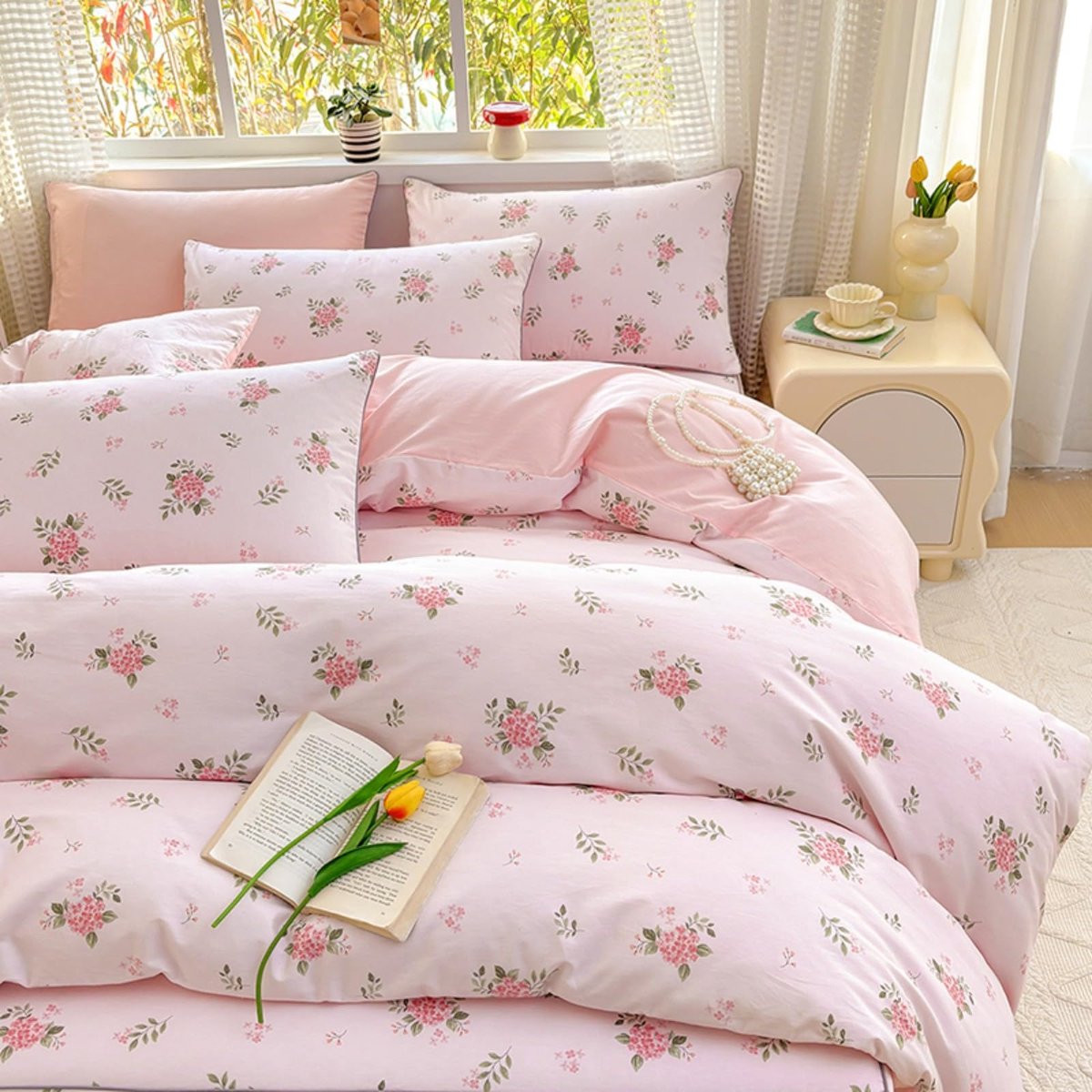 Ibenzoa Roze Bloemen Kinder Dekbedovertrekset met Omkeerbaar Ontwerp en Rits