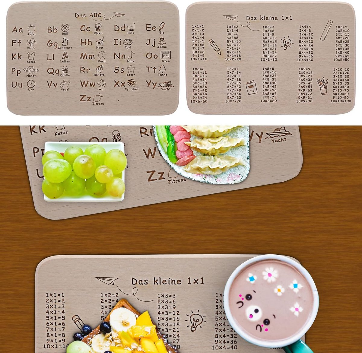 Ontbijtplank Set 2-delig Beukenhout 22x14 cm ABC Motief Schoolstart