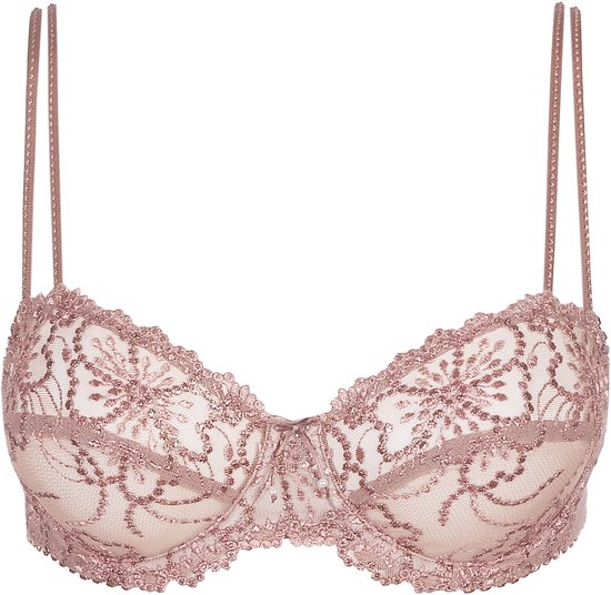 Roze kanten beha met geborduurde bloemen en decoratieve bandjes.