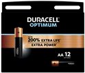Pile Duracell Optimum AA noire avec des accents dorés et le texte "200% EXTRA LIFE" sur l'emballage.