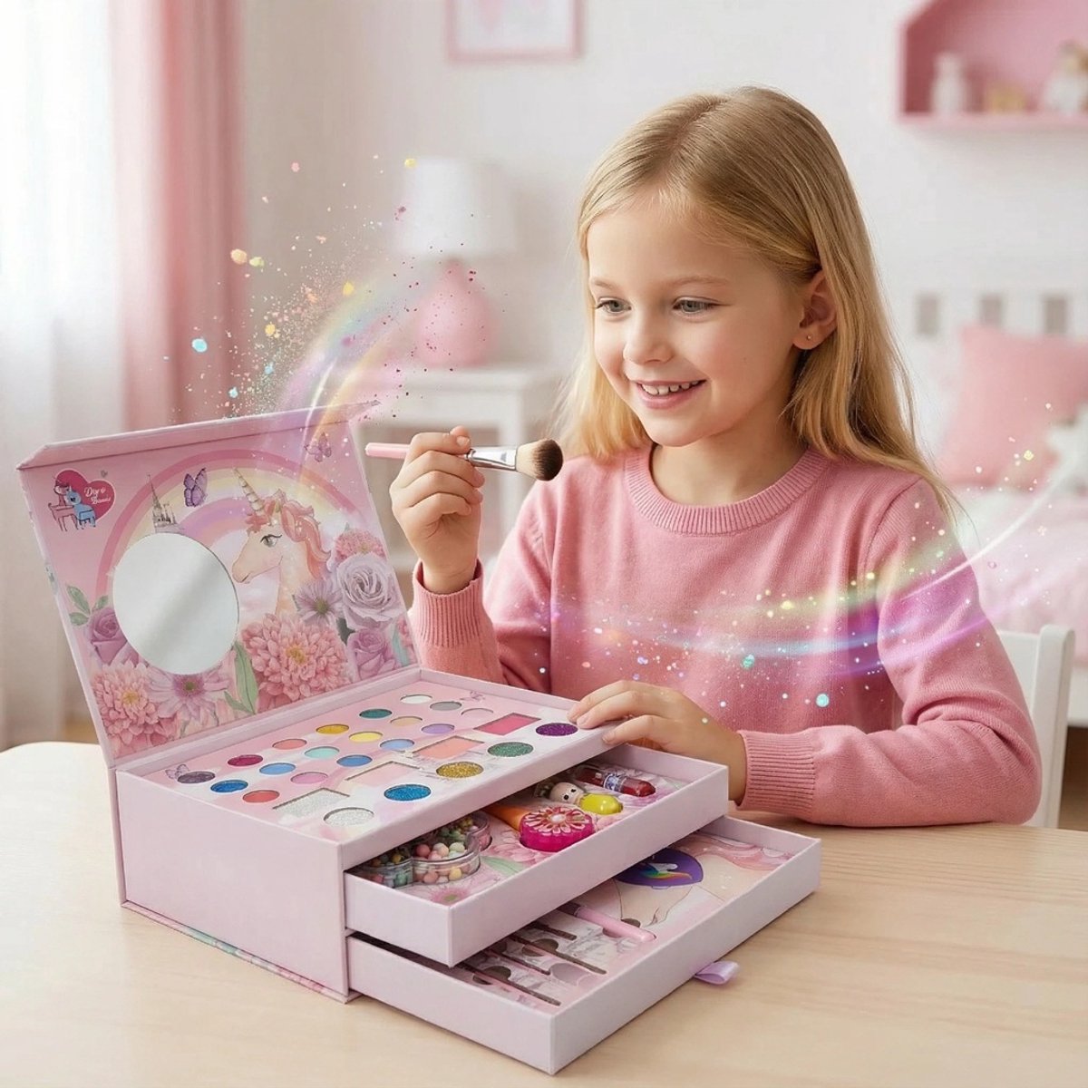 Make up meisje - 3-in-1 Kinder Make-up Set & DIY Kralen Juwelendoos-Make up Doos Meisjes - Inclusief DIY Sieraden Kralen & Kwasten – Afwasbare Kinder Make-up Cadeauset met Spiegel & Opbergkoffer — afbeelding 6