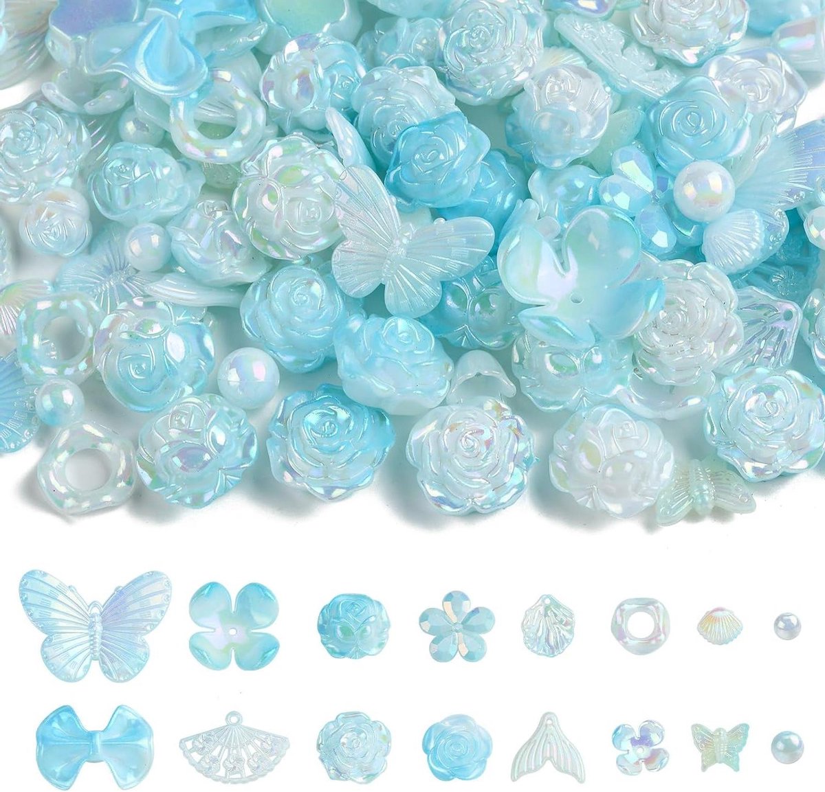 Ronte - Acryl kralen in blauwe kleur, visstaart en bloemvormig voor knutselen en sieraden maken - Set van 100 stuks