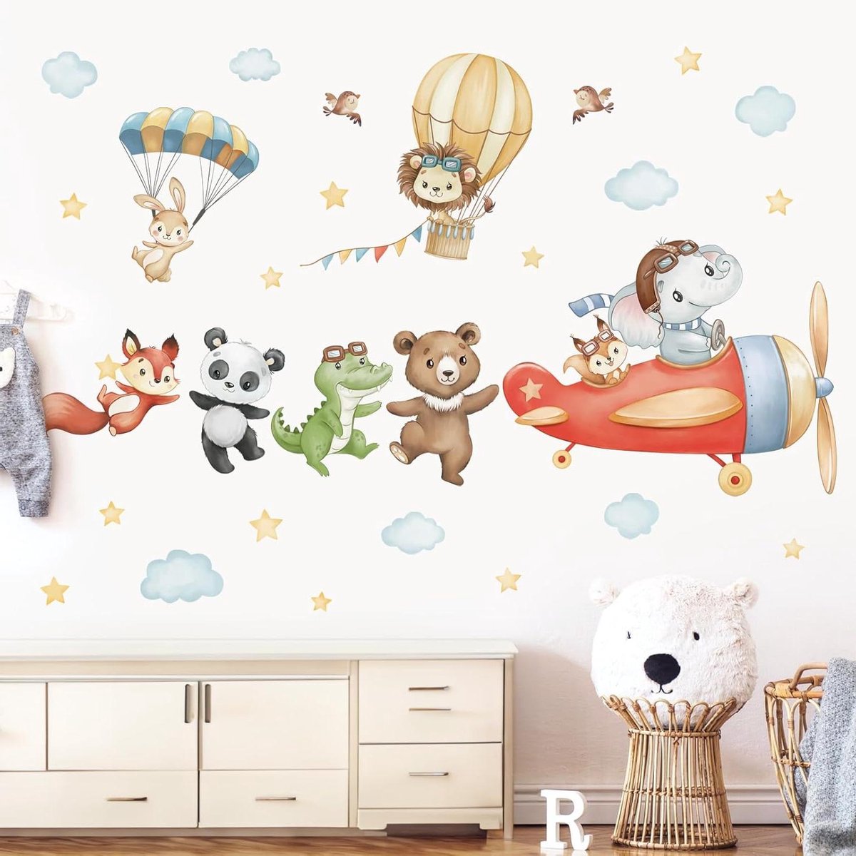 Ronte - Muursticker met Vliegtuig, Dier en Heteluchtballon voor Kinderkamer van Meisjes