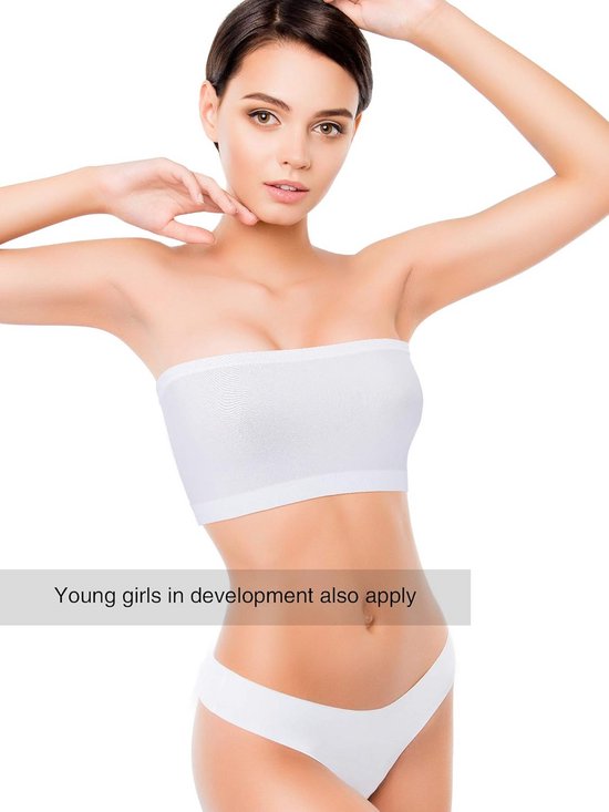 Witte strapless bandeau bh gedragen door een model.