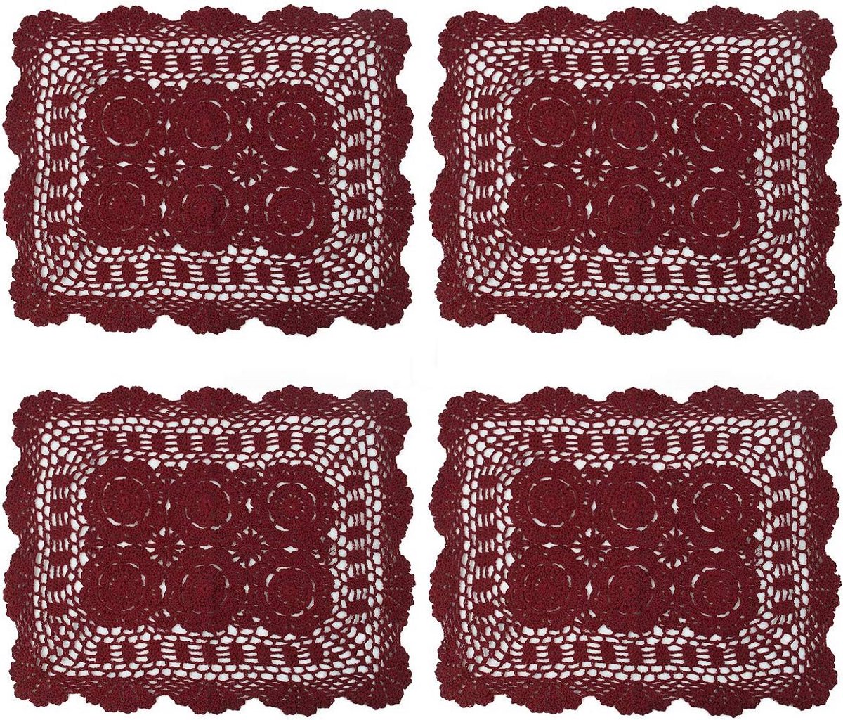 Gehaakte katoenen placemats - Set van 4 - Handgemaakt - Kant - 18,9 x 13,7 inch - Rood