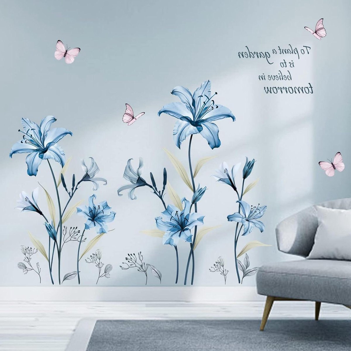 Ronte - Muursticker bloemen lelie vlinder wanddecoratie woonkamer slaapkamer raam - Sfeervolle decoratie met bloemenmotief