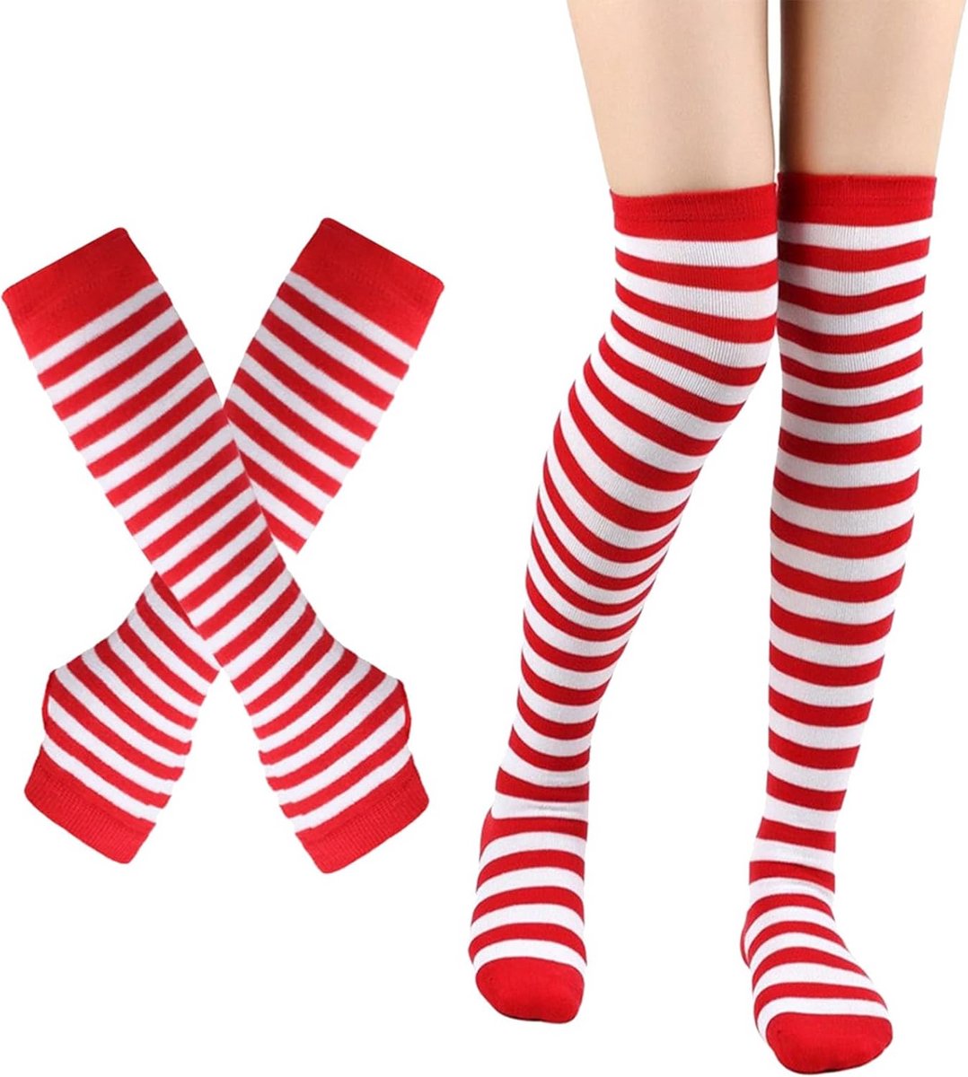 Gebreide Gestreepte Kousen en Handschoenen Set - Kniehoog, Dijhoog en Armwarmers