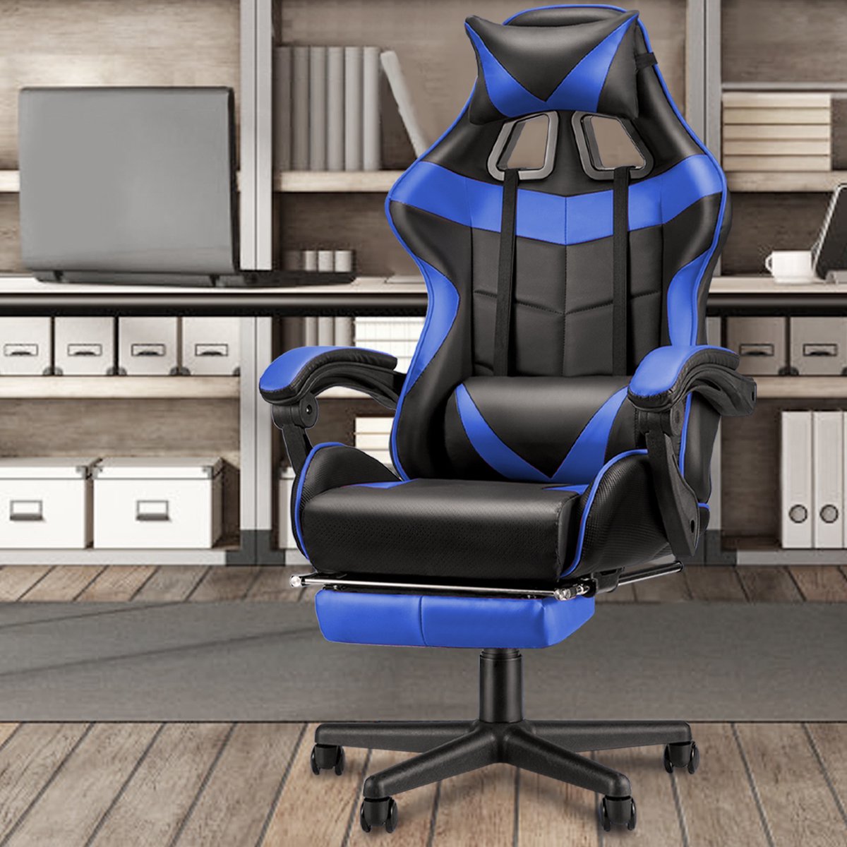 Soontrans Blauw-Gaming Stoel met Inklapbare Voetensteun, - afbeelding 2