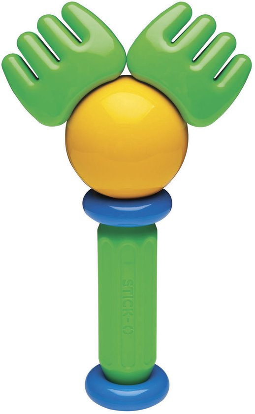 Een geel magnetisch figuur met groene handen als hoofdversiering, blauwe ringen en een groene basis.