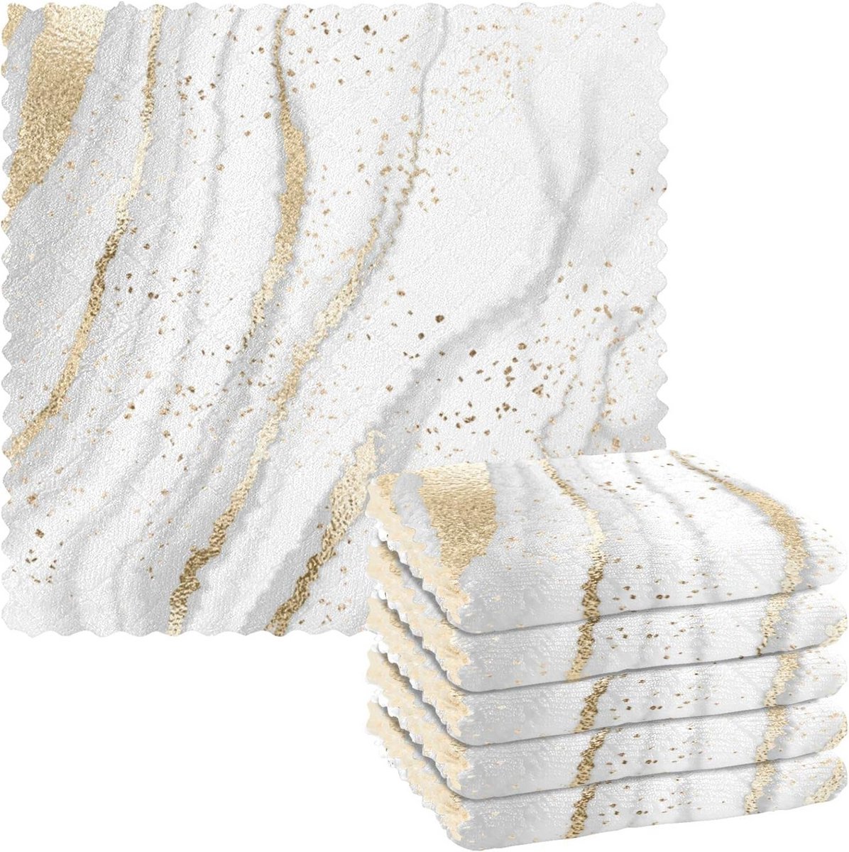 Set van 6 herbruikbare keukenlappen 11x11 inch - zacht en absorberend - goudmarmeren wit