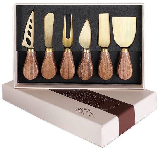 ZYLARO Premium Ensemble de Couteaux à Fromage 6 Pièces - Petits Couteaux à Fromage Acier Inoxydable - Manche en Bois d'Acacia - Goud