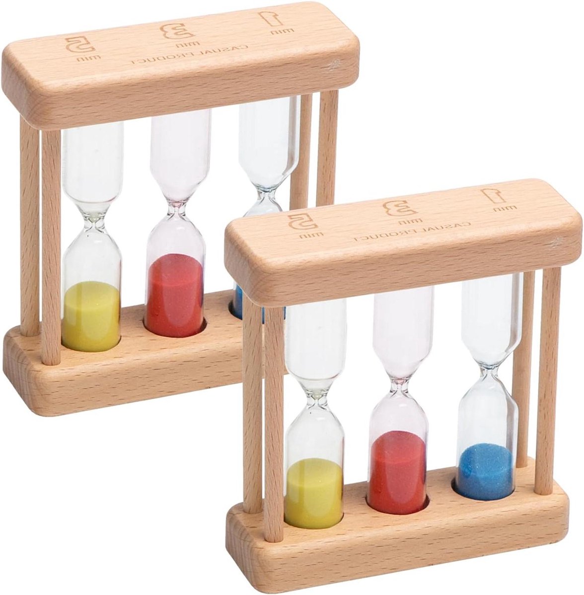 Houten Zandloper Set voor Kinderen - 3-in-1 Timer - Kleurrijk en Decoratief - Timerset - 1/3/5 Minuten - Spel - Leren - Decoratie - Thuis en Kantoor - 2 Stuks