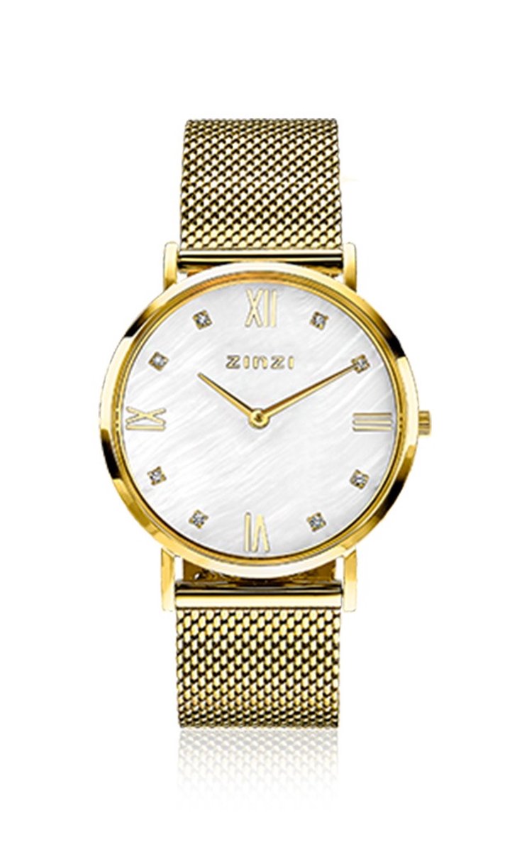 ZINZI Roman horloge witte parelmoer wijzerplaat stalen kast geelgoudkleurig stalen mesh band geelgoudkleurig 34mm extra dun ZIW548M
