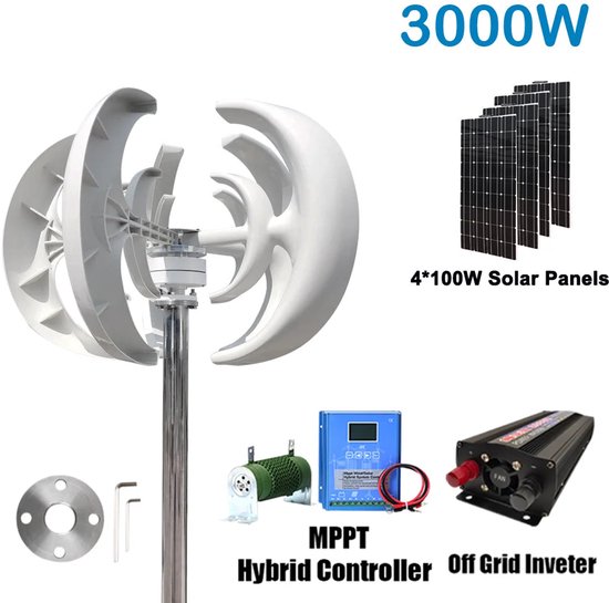 3000W Windturbine Generator – Windmolen – Windenergie Set – Verticale As Turbine – Hybride Zonne-energiesysteem – 24V Variant – Stil Ontwerp – LiFePO4 Batterij 2560Wh