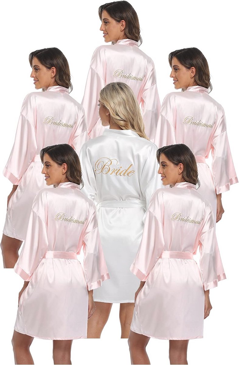 6 Stuks Satijnen Bruiloft Robe Set voor Vrouwen - Kimono Sets voor Bruidsmeisjes en Bruidsdouche