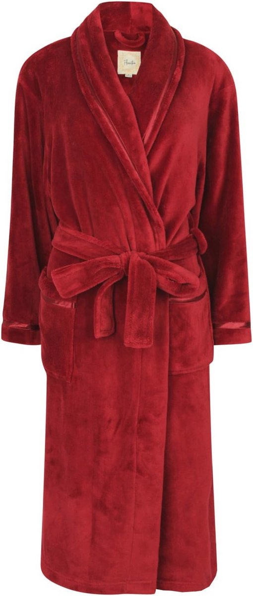 Dames Fleece Badjas in Bordeauxtint met Strikdetails