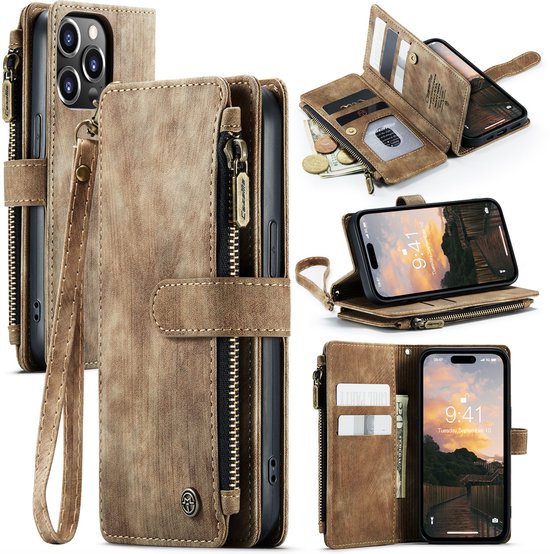 Collage d'un étui de téléphone marron : fermé avec fermeture éclair et dragonne, ouvert avec cartes et argent, téléphone en mode support.