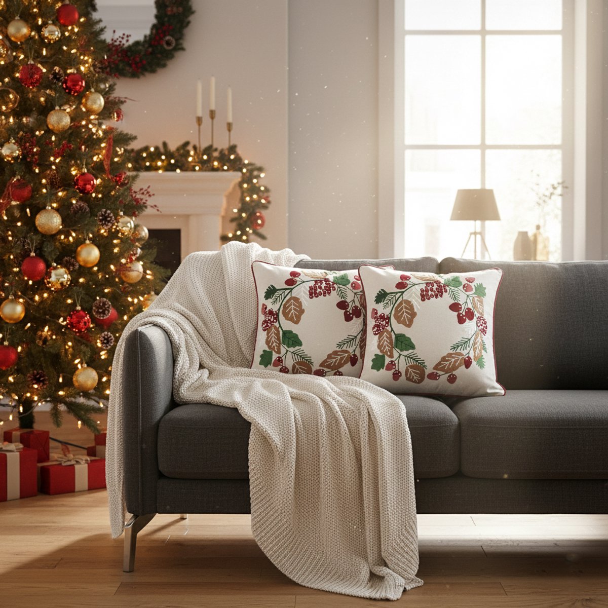 Kerstkussen Set van 2 Kerst Kussenhoezen Vierkant - Kerst Kussenhoes - Kussenhoesjes Geborduurd met Biezen - Kerstkussens met Kransontwerp - 45x45 cm - Katoen - Veelkleurig - Zonder Binnenkussen