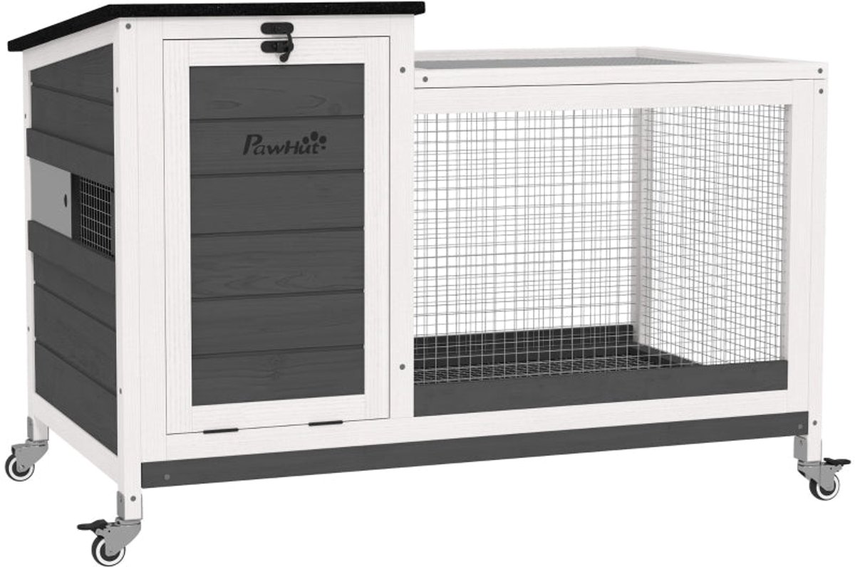 Merax Konijnenhok op Wielen met Ren – 92 × 52 × 67 cm – Houten Binnen- en Buitenhok met Klapdak - Uitschuifbare Mestlade en Draadgaas – Donkergrijs