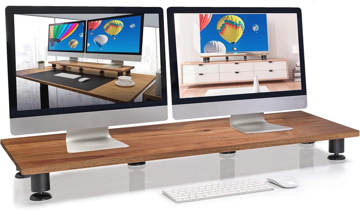 Houten Zwart Dubbele Monitor Riser - Premium Handgemaakt Houten Bureau Organiser voor Computer en TV met Opbergruimte