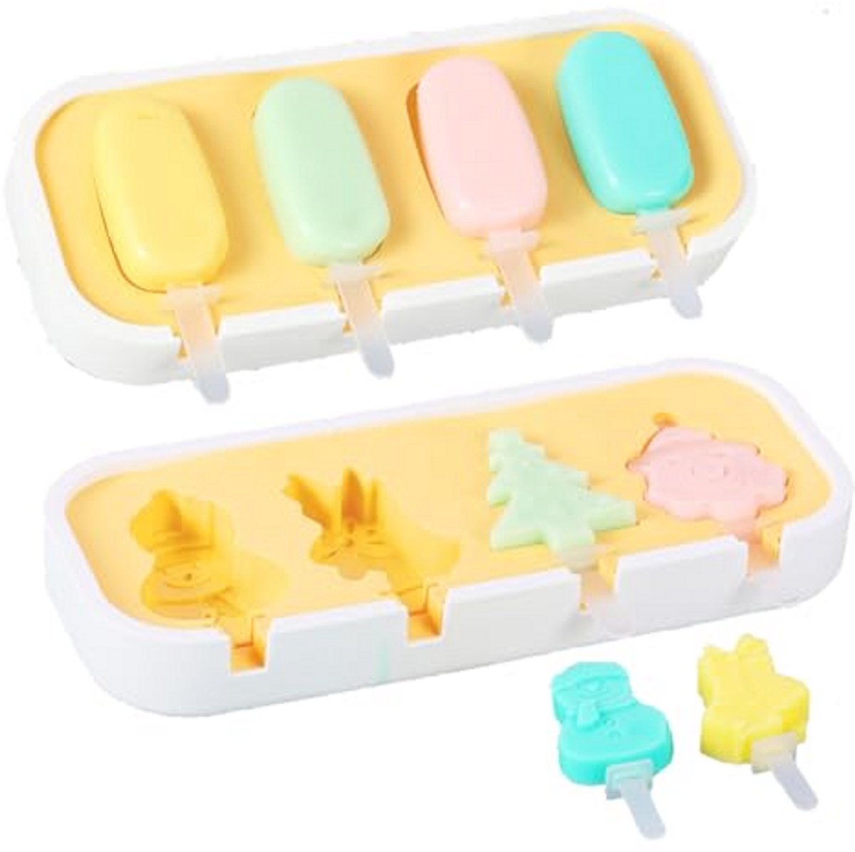 Siliconen ijslollyvormen set van 4, herbruikbare en lekvrije deksels, stapelbare diepvriescontainers voor kinderen en feestdagen, inclusief 12 sticks