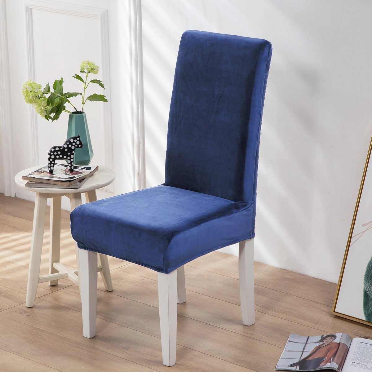Set van 2 Stretch Fluwelen Stoelhoezen voor Eetkamerstoelen - Marineblauw