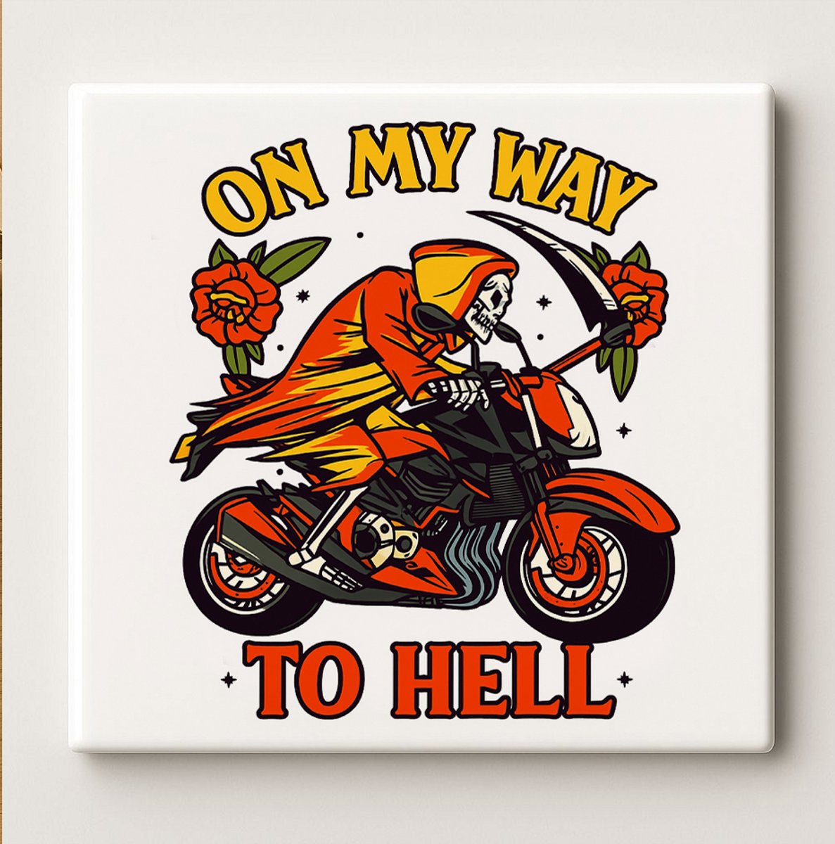 On My Way to Hell Motorfiets Tegel – Grim Reaper Biker Kunst Wanddecoratie – Keramische Te