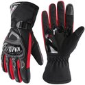 Zwarte motorhandschoenen met rode vingers en handpalm, met logo en verstelbare polsband.