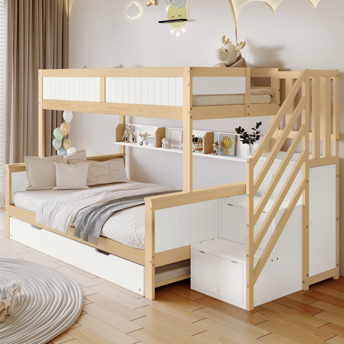 Wishdor Stapelbed 90/120x200 cm - Uitschuifbed & Kast - Opbergtrap met 3 Kasten - Wit/Naturel Hout - Compleet & Flexibel