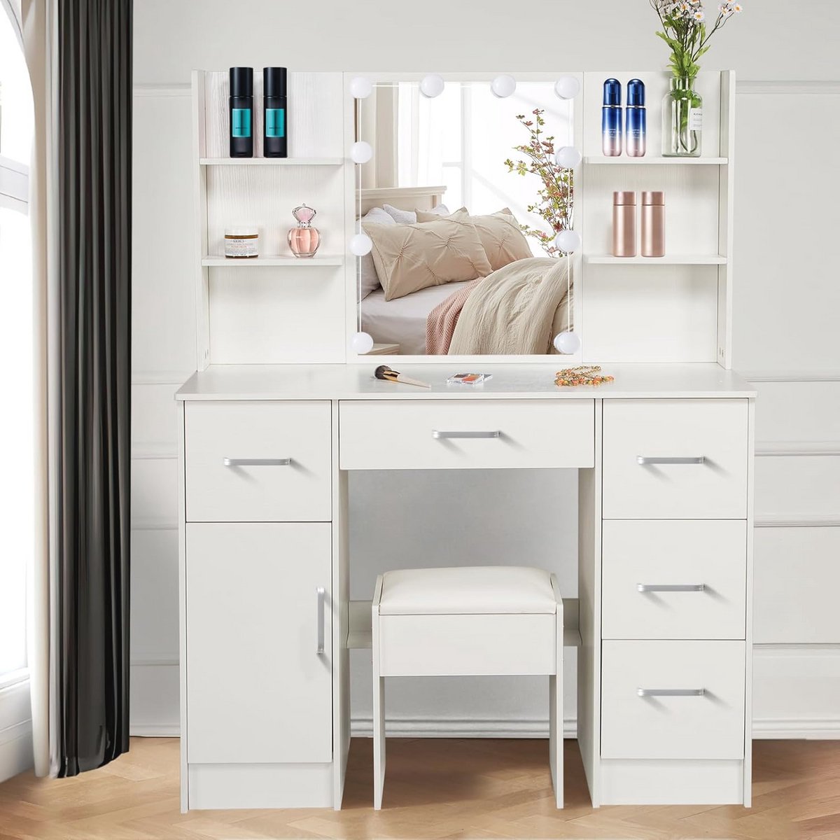Aovquof Make-uptafel met Hollywood-ledverlichting, make-uptafelset met verlichte spiegel, met 5 laden en 6 open vakken, witte moderne kaptafel